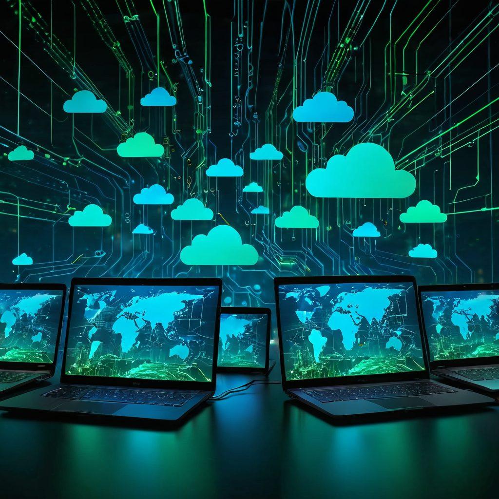 A futuristic digital landscape depicting a secure online environment, featuring a glowing shield symbolizing cybersecurity and advanced technology. Scattered around are abstract representations of potential cyber threats like viruses and hackers, all contrasted with a vibrant blue and green color palette to represent safety and technology. In the background, iconic landmarks of the internet like cloud databases and firewalls in a seamless blend. The overall mood should convey vigilance and readiness against cyber threats. super-realistic. vibrant colors. 3D.