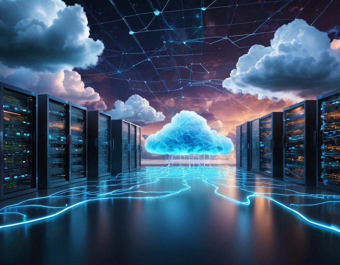 A futuristic digital landscape showcasing a network of interconnected clouds, with glowing locks symbolizing security. Visualize data flowing through the clouds, emphasizing speed and efficiency, while featuring a modern server room in the background. Add elements like graphs and shield icons to represent hosting features and protection. super-realistic. vibrant colors. futuristic style.