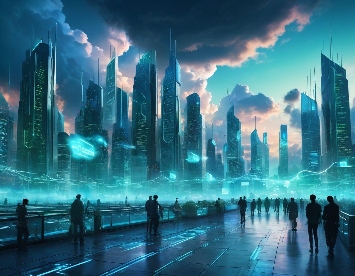 A futuristic city skyline with clouds hovering above, showcasing floating digital servers and interconnected networks. Visual elements include padlocks symbolizing security and speed lines representing performance. A gradient of blues and greens in the sky to evoke technology and innovation. The foreground includes silhouettes of people interacting with digital devices. cyberpunk. vibrant colors. super-realistic.